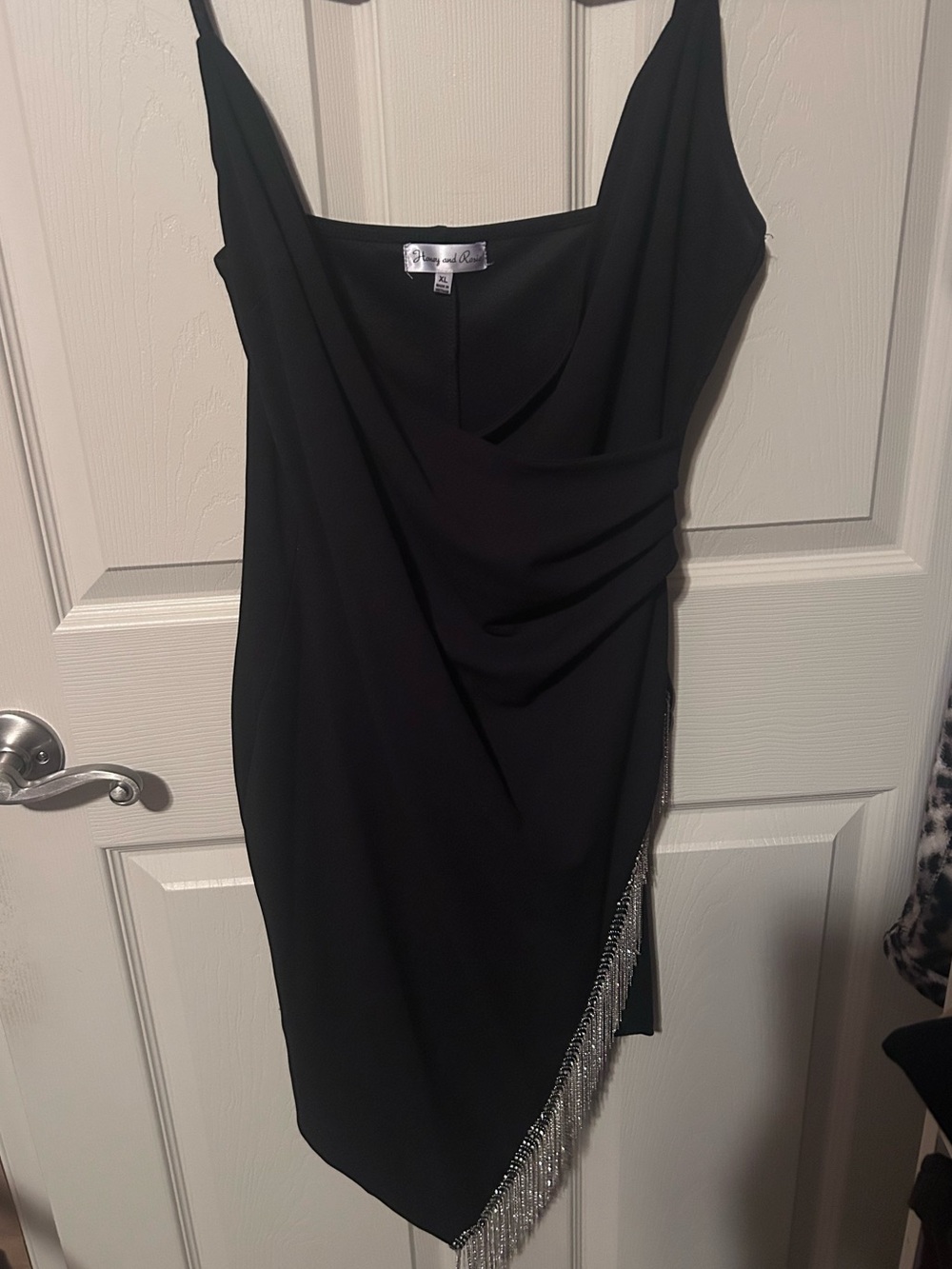 Honey and Rosie Black One-Shoulder Slip Dress with Rhinestone Fringe